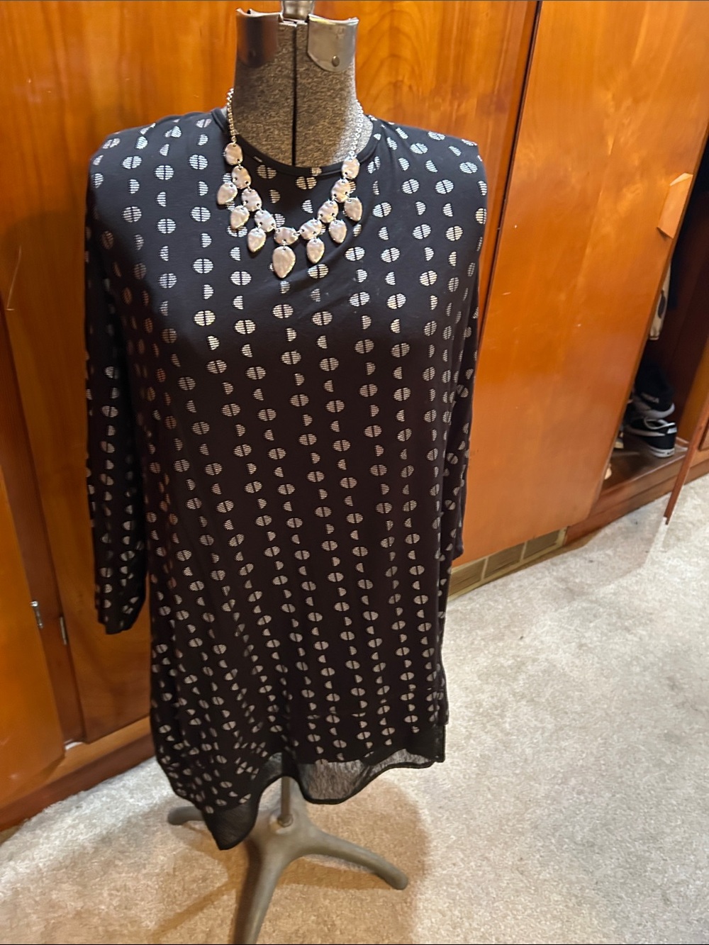 Avenue Black Long Sleeve Dress with Light Gray Dot Pattern